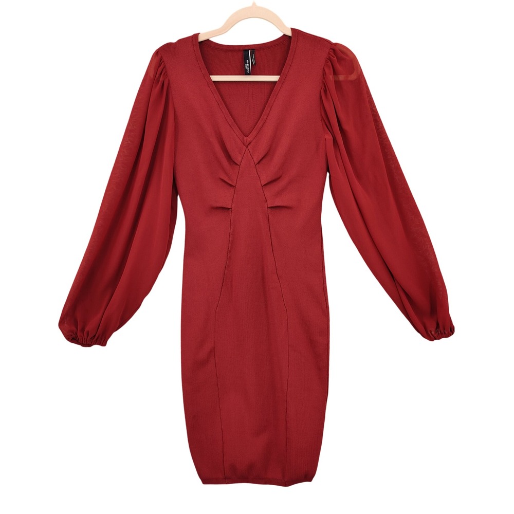 Marciano Guess Gemma Sweater Dress Women Bodycon S Red Sheer Bishop Sleeve Ruche